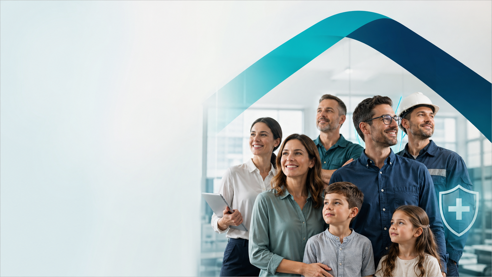 Mitarbeitende und Familie unter einem gemeinsamen Schutzdach – Motiv aus der LifeLine-4plus-Präsentation