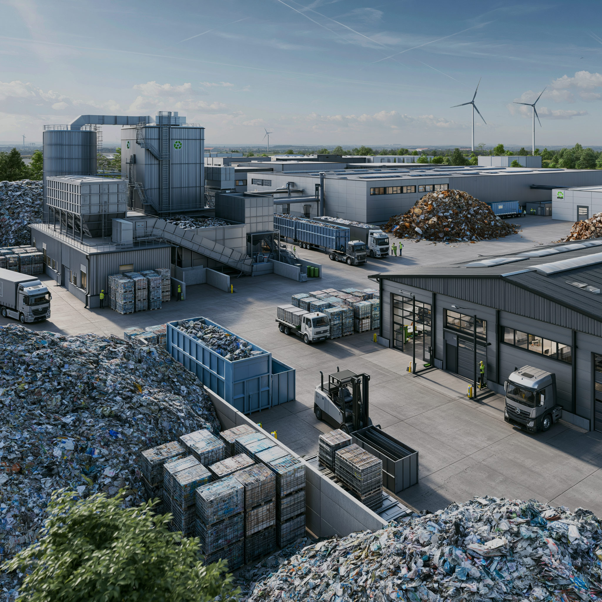 Darstellung einer geordneten Recyclinganlage mit Lagerflächen, Fahrzeugen und Betriebsgebäuden