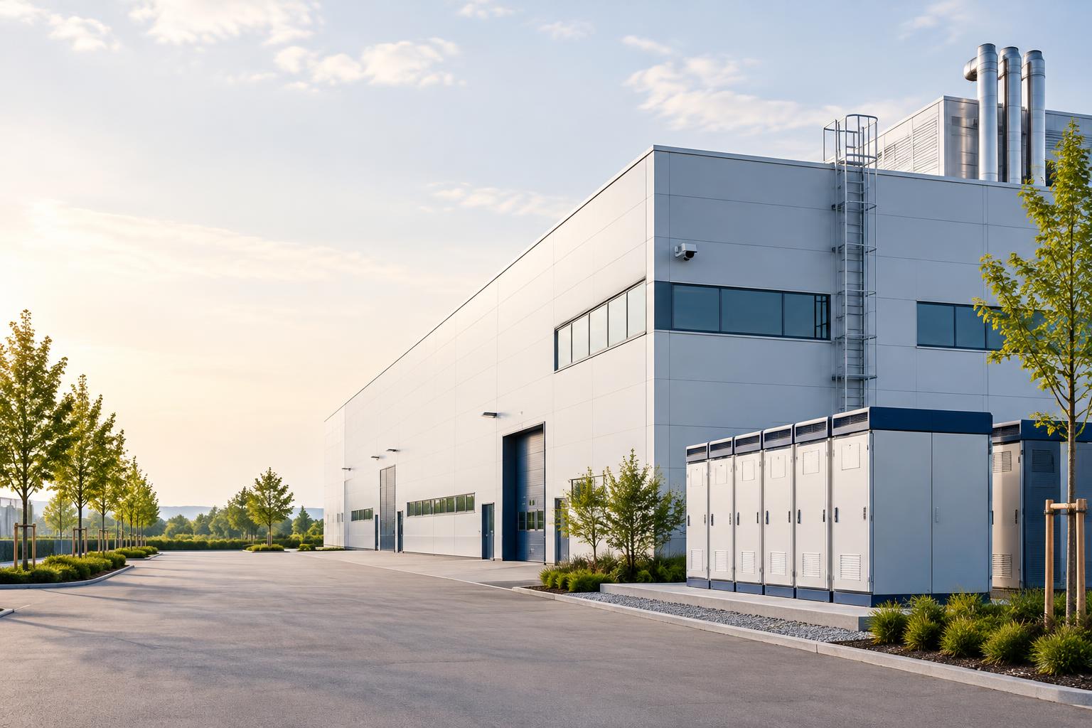 Helle moderne Industrieanlage mit geordnetem Batteriespeicherbereich – illustratives Motiv