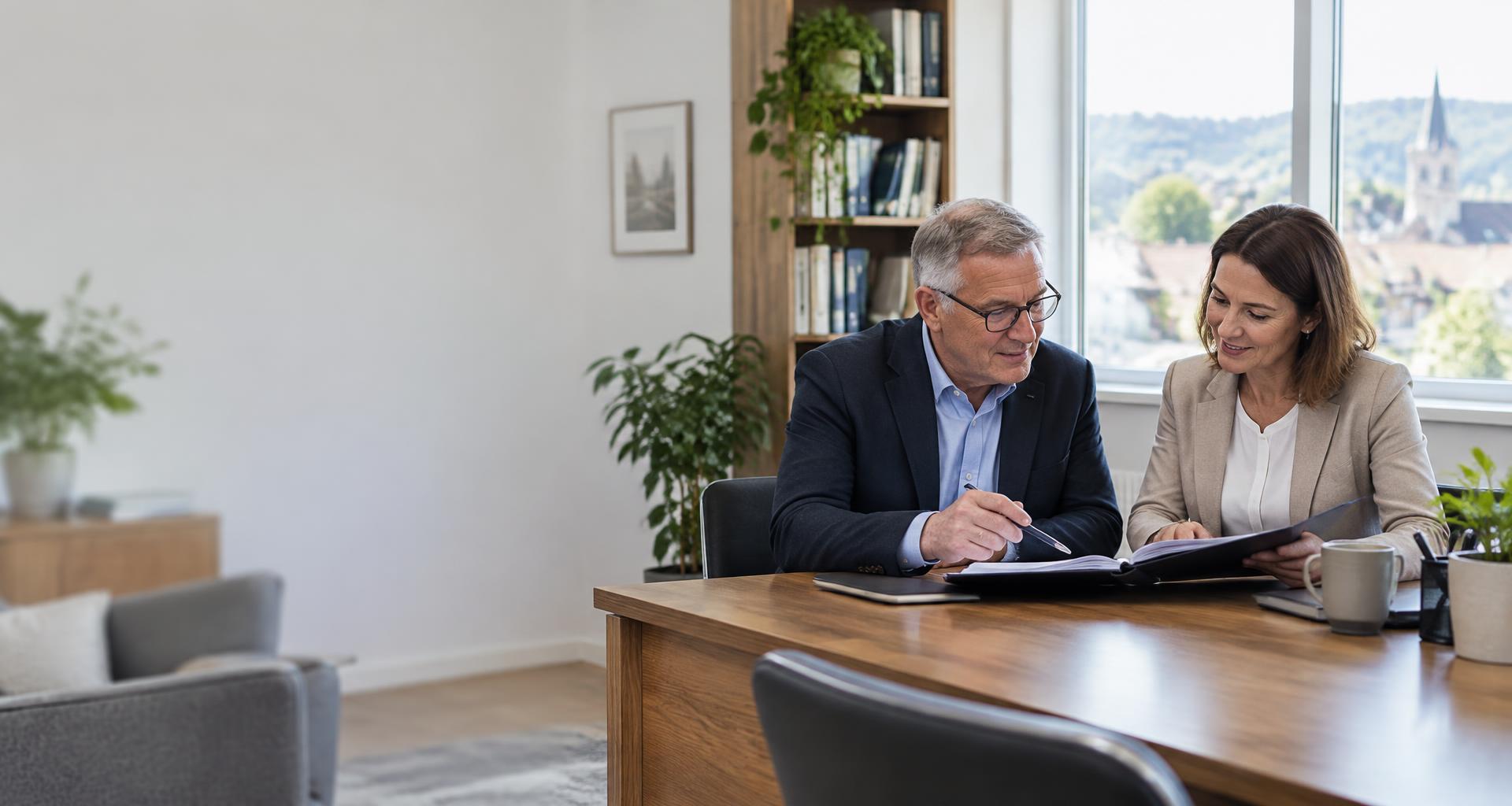 Ein erfahrener Unternehmer und eine mögliche Nachfolgerin besprechen die Übergabe im persönlichen Gespräch