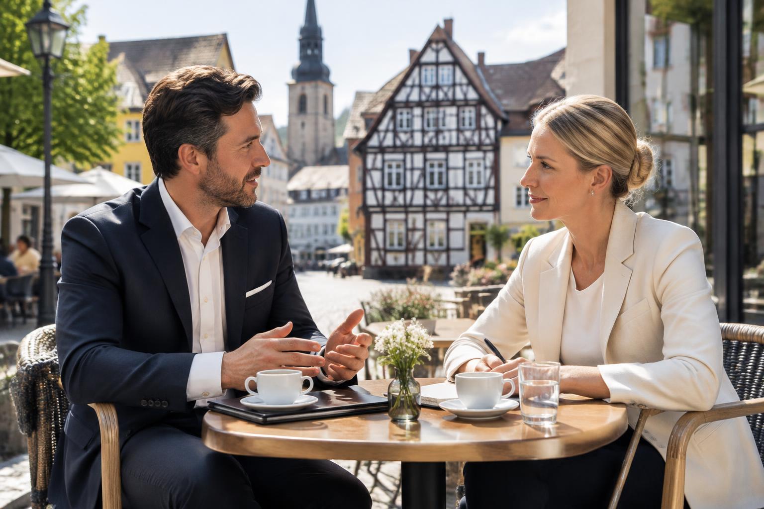 Zwei Makler im Gespräch in einer Innenstadt